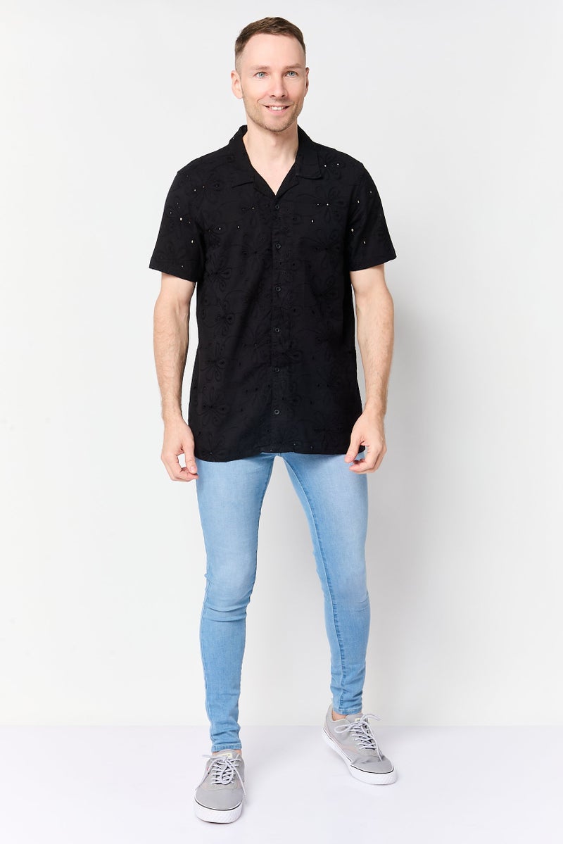 Threadbare Men Regular Fit Embroidered Short Sleeve Casual Shirt, Black - Image 2